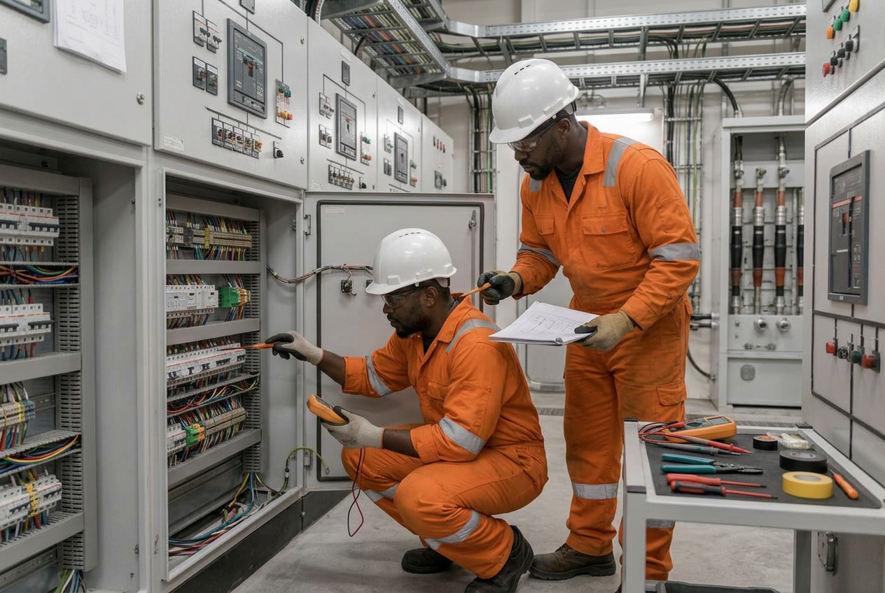 Electrical technicians testing circuits inside an industrial control panel
