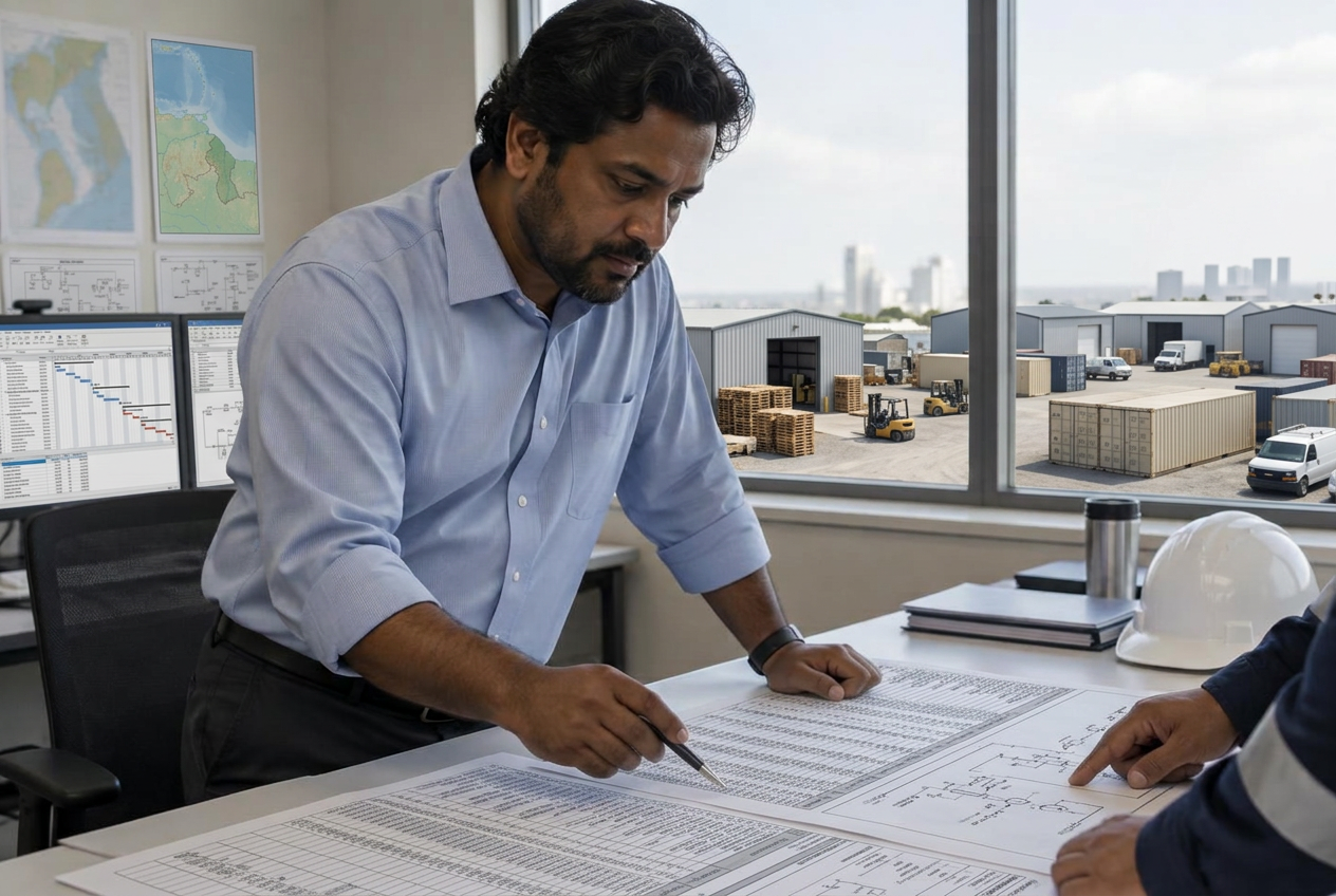 Project controls manager reviewing campaign schedules and technical data