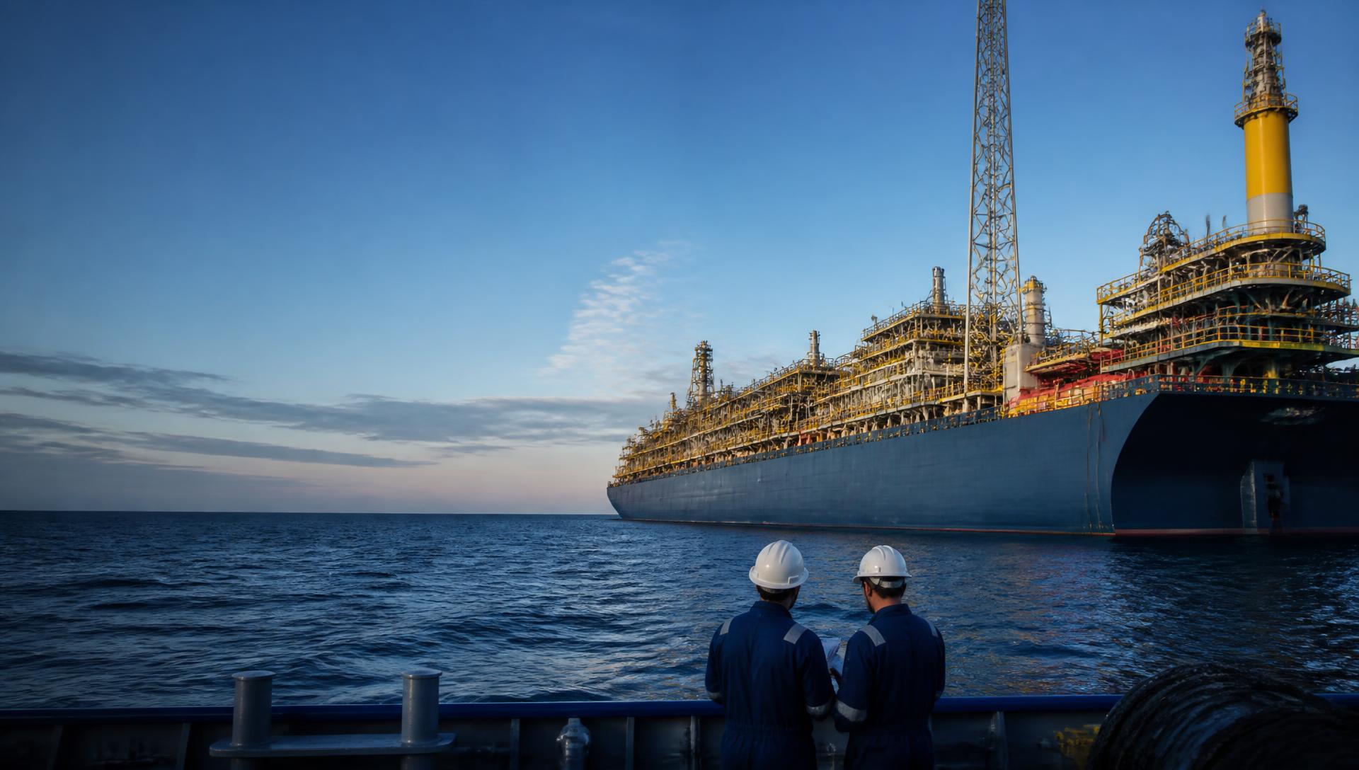 Offshore engineers reviewing an FPSO campaign at sea
